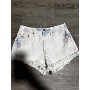 Levi's 501 High Rise Denim Jean Shorts White Tie‎ Dye Frayed Hem Womens size 28